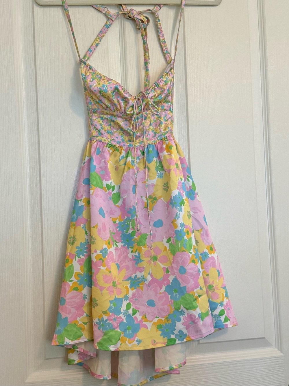 For Love & Lemons Backless Pastel Floral Halter Dress in Pink & Yellow